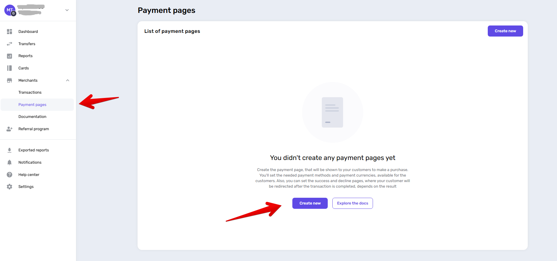 Create a new payment page from the Payment pages section