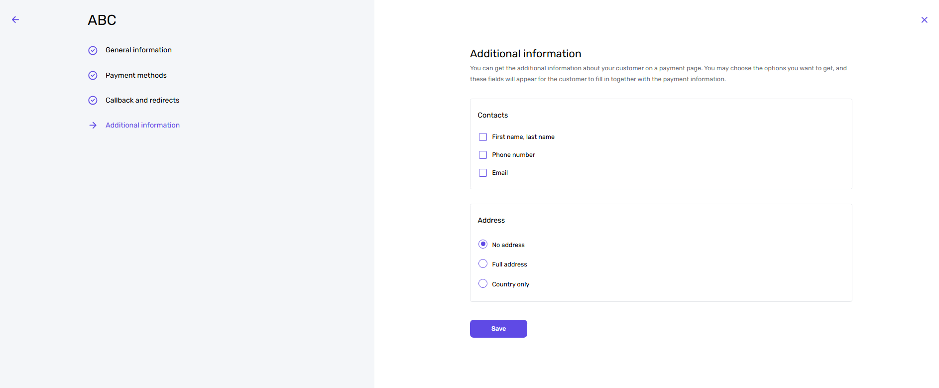 Additional customer information settings for a Genome payment page