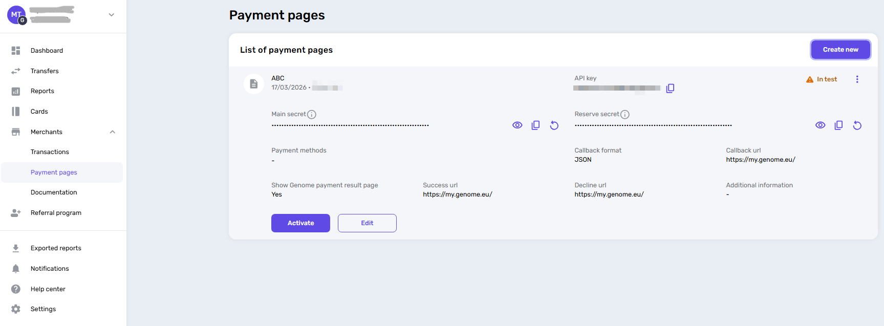 API key displayed in the Genome Payment pages section