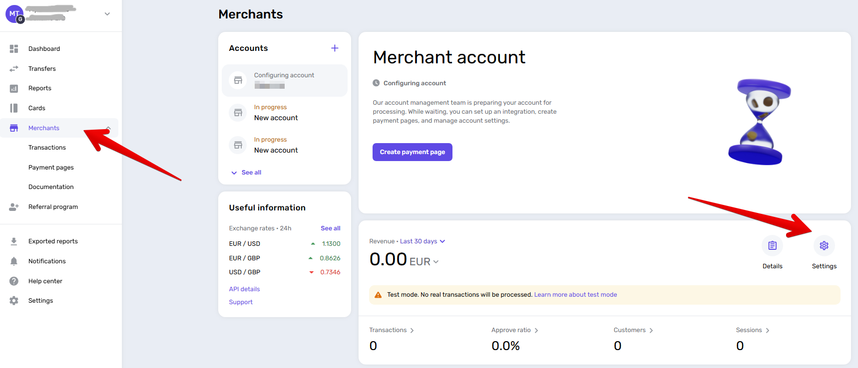 Settings for a merchant account in the Genome dashboard