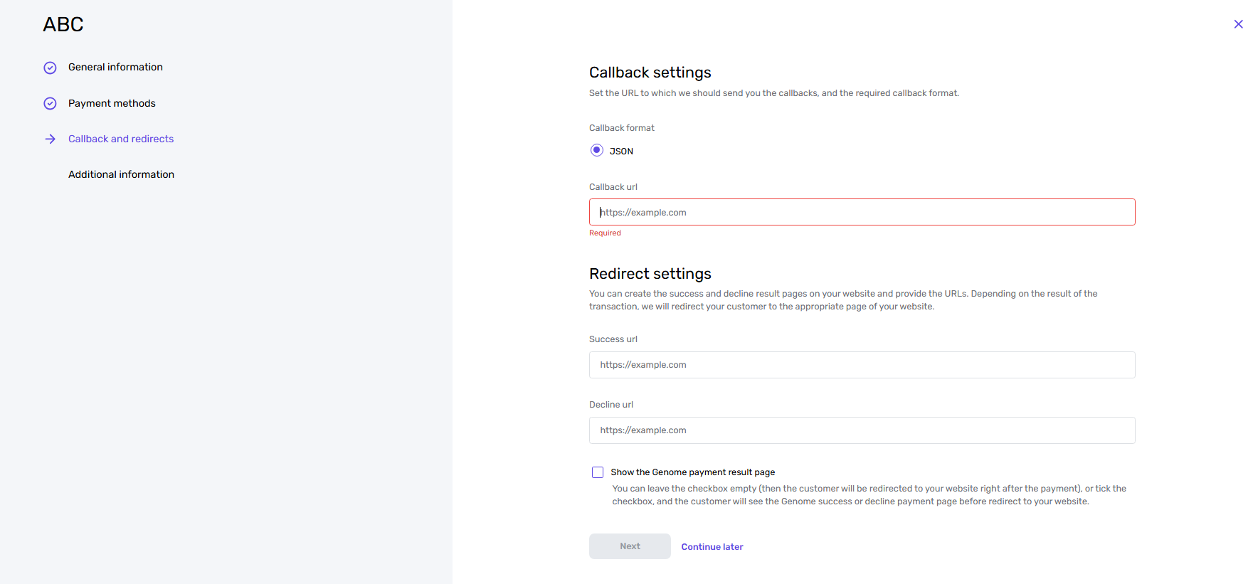 Callback and redirect settings for a Genome payment page